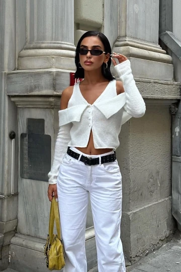 Kadın Ekru Kruvaze Triko Uzun Kollu Hırka