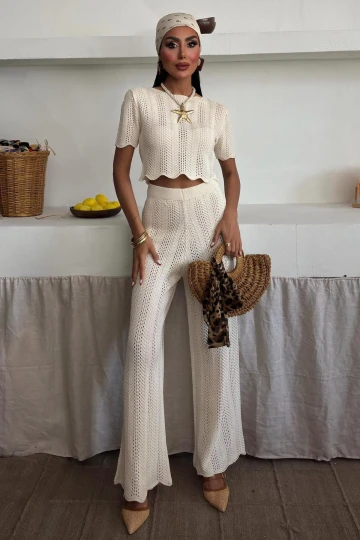 Kadın Ekru Örme Akıllı Triko İkili Takım