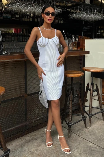 Kadın Ekru Örme Polyelit Taş Detaylı Mini Elbise