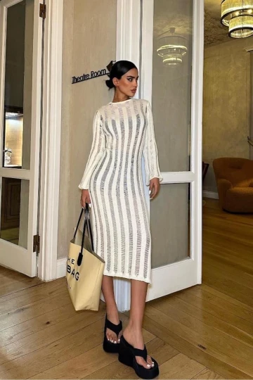 Kadın Ekru Pamuk Kruvaze Midi Elbise