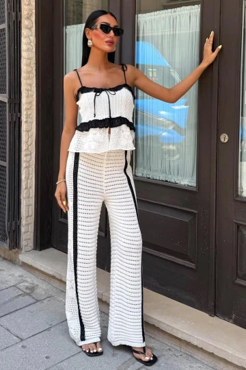 Kadın Ekru Pamuk Polyester Askılı Uzun Triko Takım