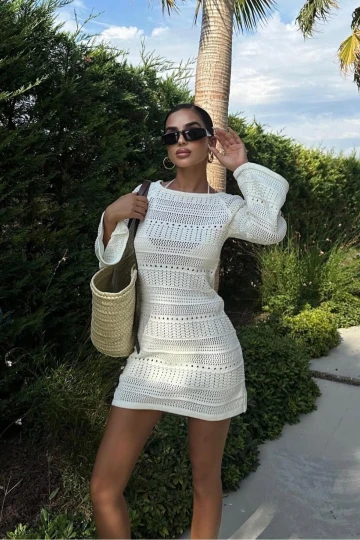 Kadın Ekru Triko Uzun Kol Mini Elbise