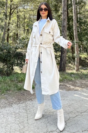 Kadın Ekru Uzun Kol, Çift Cepli, Eteği Oval Kesim, Kemerli, Kaşe Gömlek Kaban