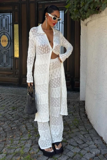 Kadın Ekru Uzun Vortex Viscon Hırka Takım