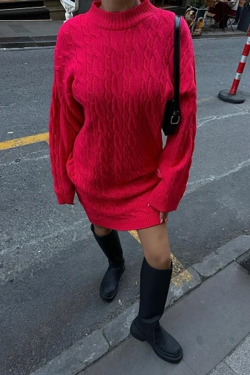 Kadın Fuşya Şardonlu Akrilik Saç Örgü Triko Elbise