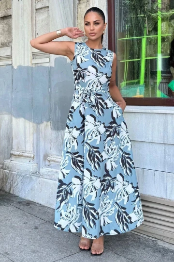 Kadın Gri Çiçek Desenli, Belden Kuşaklı, Şık Ve Rahat, A Kesim, Kolsuz Uzun Elbise