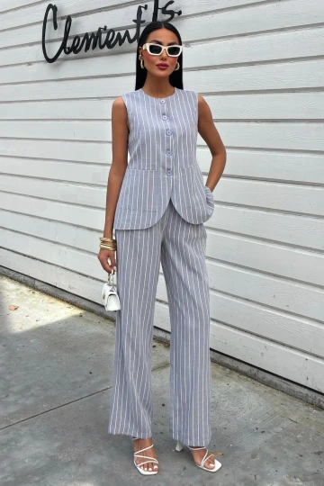 Kadın Gri Çizgili Viscon Keten Uzun İkili Takım