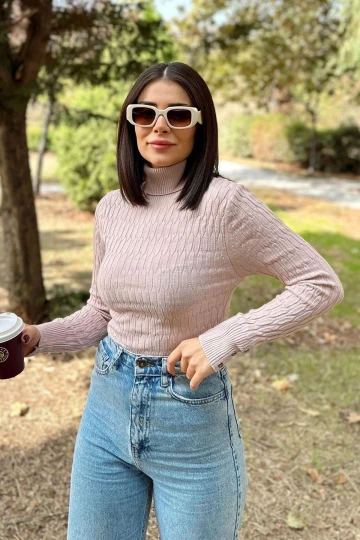 Kadın Gül Kurusu , Uzun Kol, Vucüda Oturan Esnek Kumaş, Düğme Manşet, Örgü Desen, Triko Bluz