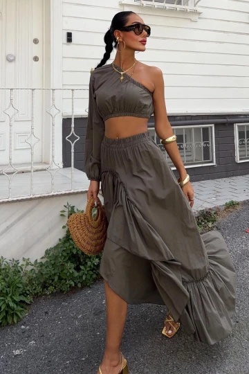 Kadın Haki Asimetrik Uzun Wual Tek Omuz Takım