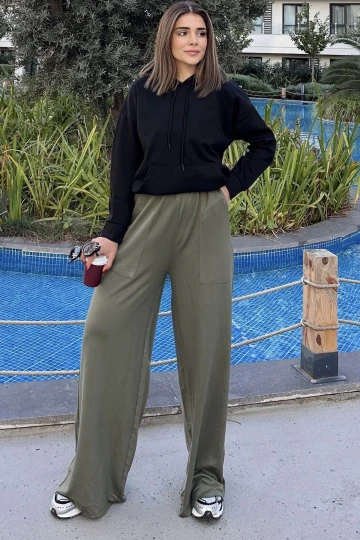Kadın Haki Beli Lastikli, Cepli, Bol Paça, Salaş Pantolon
