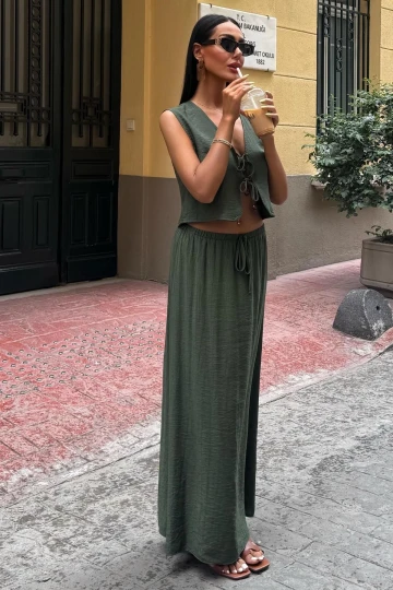 Kadın Haki Kolsuz Düz Dokuma Rayon İkili Takım