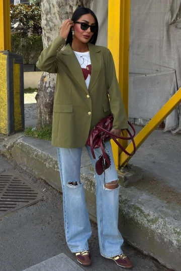 Kadın Haki Kruvaze Dokuma Oversize Blazer Ceket