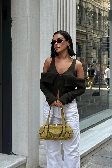 Kadın Haki Kruvaze Triko Kısa Hırka