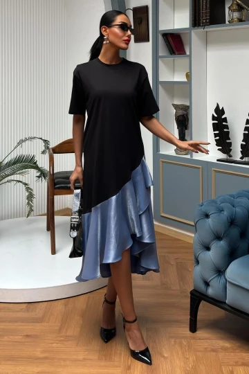 Kadın İndigo Pamuklu Midi Dokuma Elbise