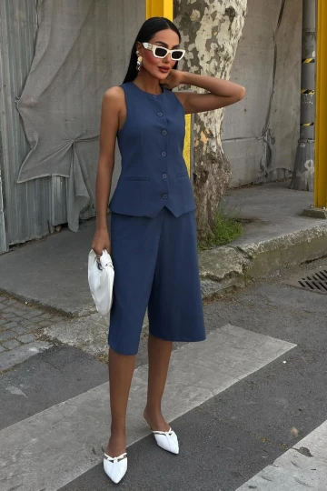 Kadın İndigo Viskon Düz Midi Kolsuz Takım