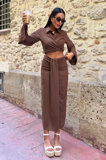 Kadın Kahve Keten Uzun Gömlek Yaka İkili Takım