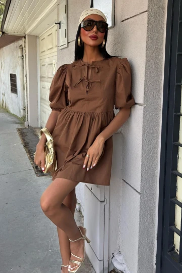 Kadın Kahverengi V Yaka Poplin Kısa Elbise