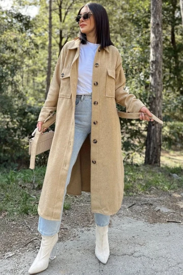 Kadın Karamel Uzun Kol, Çift Cepli, Eteği Oval Kesim, Kemerli, Kaşe Gömlek Kaban (ASTARSIZ)