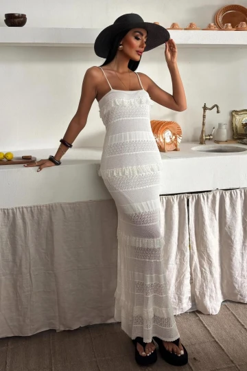 Kadın Kemik Renk Askılı Dantel Detay Uzun Elbise