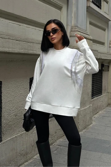 Kadın Kırık Beyaz Oversize Dokuma Uzun Kollu Sweatshirt