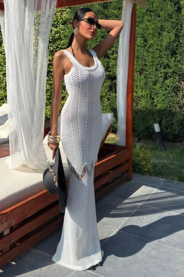 Kadın Krem Pamuk Örme Askılı Uzun Elbise