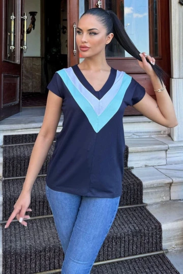 Kadın Laci V Yaka, Kısa Kol, Color Block Detaylı, Terletmez Dokulu Kumaş, Salaş Bluz, Tshirt