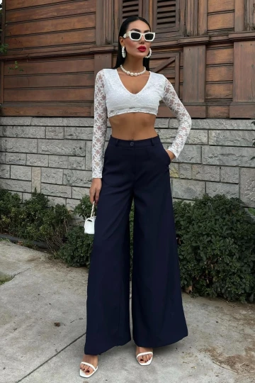 Kadın Lacivert Dokuma Oversize Bol Paça Palazzo Pantolon