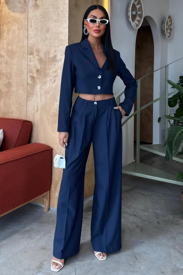 Kadın Lacivert Kruvaze Dokuma Crop Uzun Kol Takım