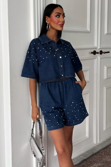 Kadın Mavi Denim Taş Detaylı Kısa İkili Takım