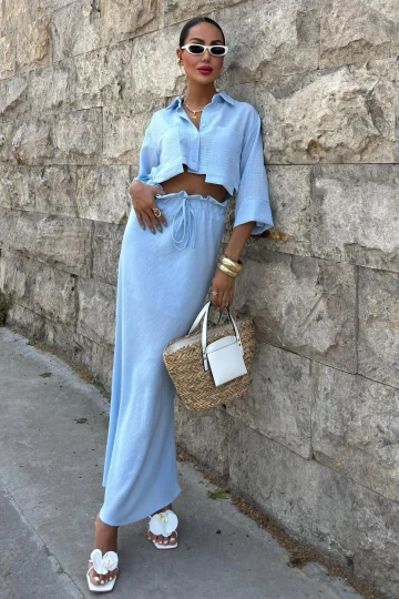 Kadın Mavi Keten Uzun Kollu Büzgülü Takım