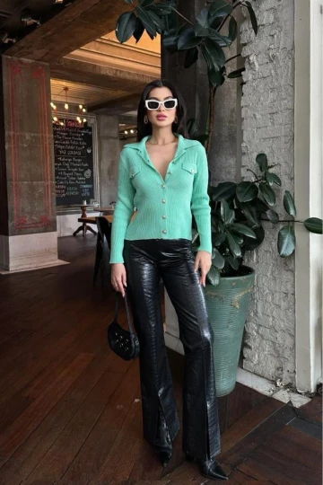 Kadın Mint Akrilik Düz Triko Polo Yaka Hırka