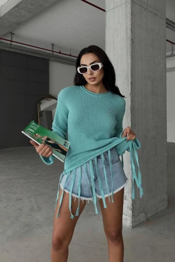 Kadın Mint Bisiklet Yaka Triko Slim Kazak