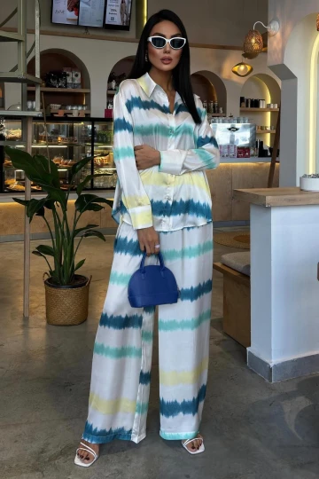 Kadın Multi Batik Desenli Uzun Kollu Saten Takım