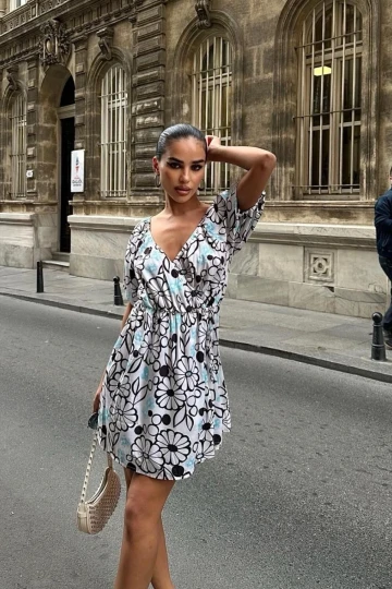 Kadın Multi Çiçek Desenli Dokuma Mini V Yaka Elbise