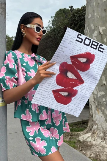 Kadın MULTİ Çiçek Desenli Poplin Kısa Takım