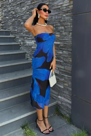 Kadın Multi Desenli Straplez Midi Tül Elbise