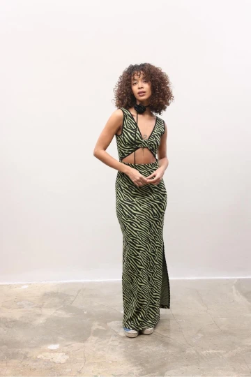 Kadın Multi Örme Desenli Uzun Degaje Kolsuz Elbise