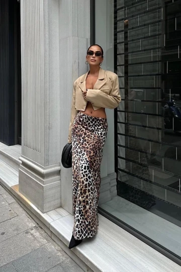 Kadın Multi Polyester Animal Desenli Saten Uzun Etek