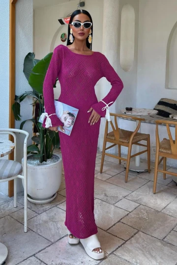 Kadın Mürdüm Ajurlu Örme Uzun V Yaka Elbise