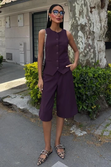 Kadın Mürdüm Viskon Midi Şortlu Kolsuz Standart Takım