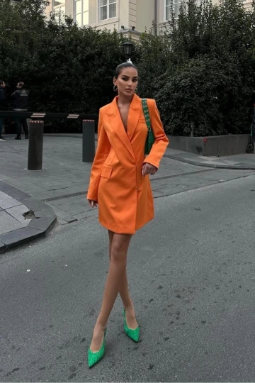 Kadın Oranj Kruvaze Dokuma Kısa Elbise