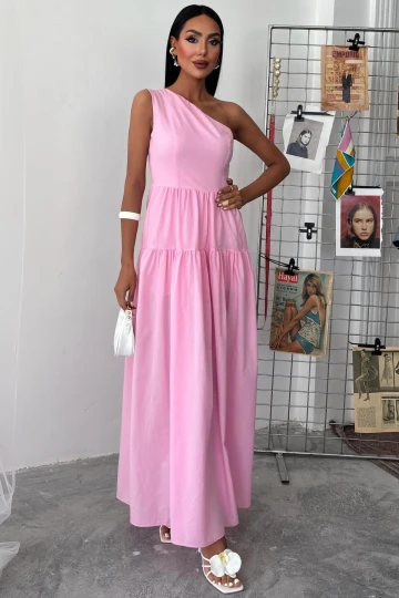 Kadın Pembe Tek Omuz Wual Maxi Elbise