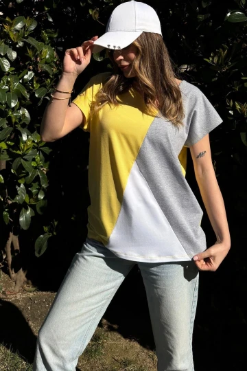 Kadın Sarı, Beyaz & Gri Kısa Kol, Color Block Tasarım, Salaş Bluz