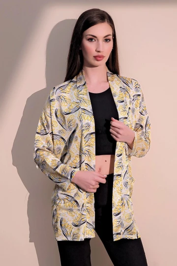 Kadın Sarı Safari Desen Yeni Moda Saten Çift Cepli Salaş Kimono Ceket - Tesettüre Uygun