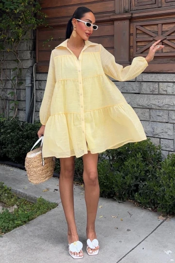 Kadın Sarı Uzun Kollu Gömlek Yaka Kısa Elbise