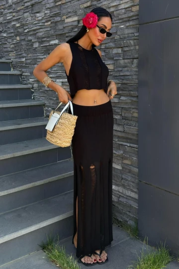 Kadın Siyah Akrilik Triko Kolsuz Crop Takım