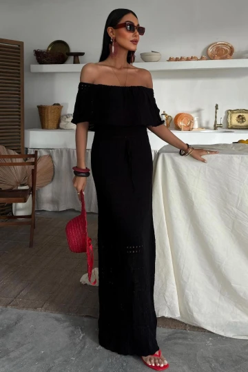 Kadın Siyah Akrilik Triko Straplez Uzun Elbise