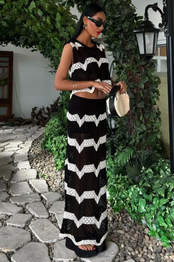 Kadın Siyah Akrilik Uzun Kolsuz Triko Takım