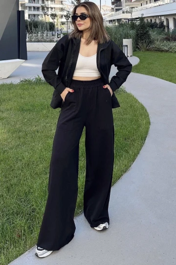 Kadın Siyah Beli Lastikli, Cepli, Bol Paça, Salaş Pantolon