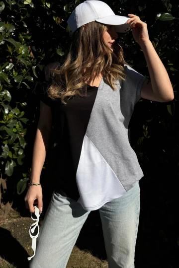 Kadın Siyah, Beyaz & Gri Kısa Kol, Color Block Tasarım, Salaş Bluz